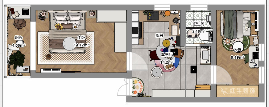 朱彦｜淮海新村7-28-702-57㎡-现代风格｜2室1厅1卫｜老房改造｜定制家｜全包8万｜00_03平面彩图